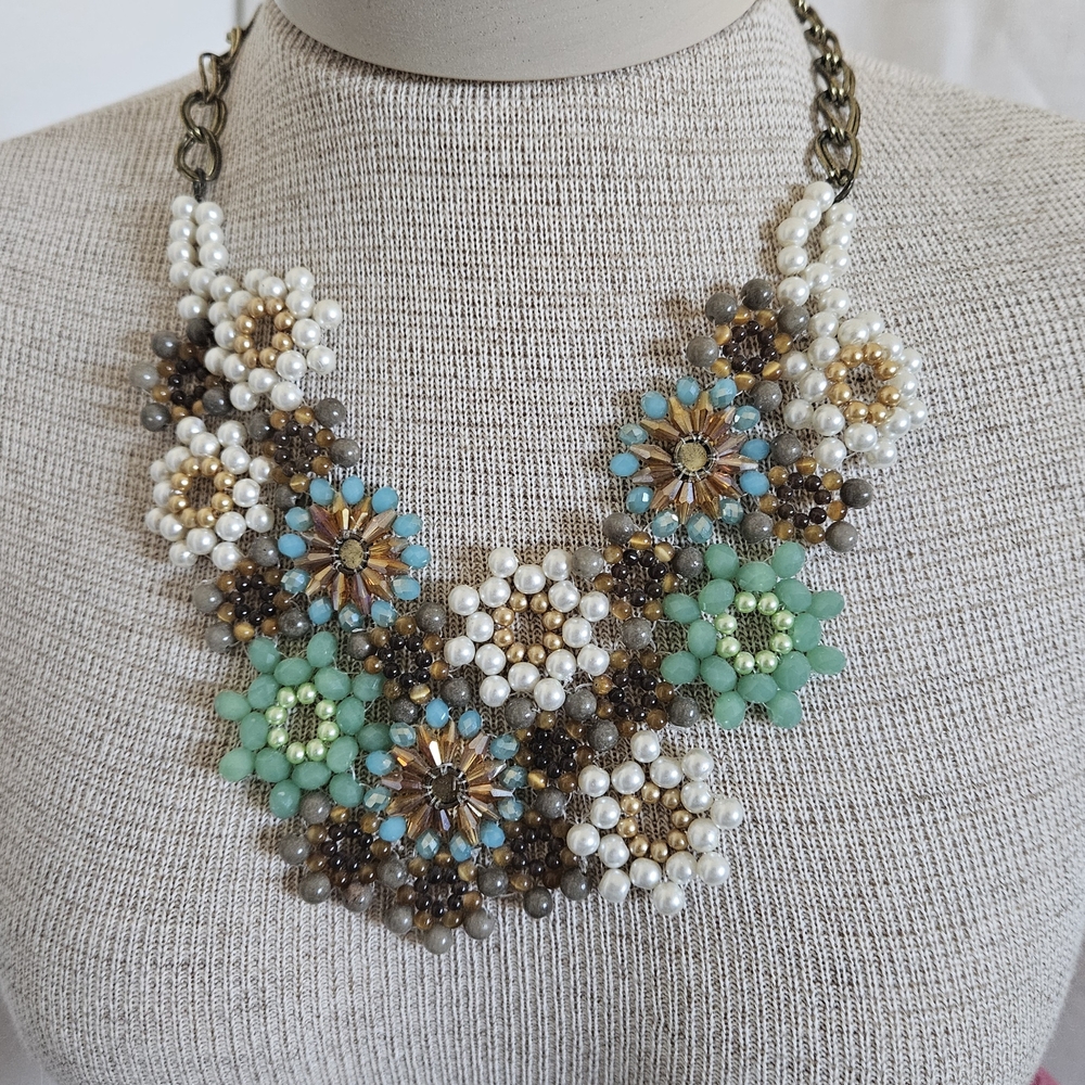 Turquois, Tan And Cream Floral Beaded Statement Necklace
